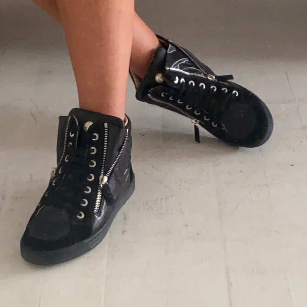 Chanel Black Leather Suede High Top Sneakers